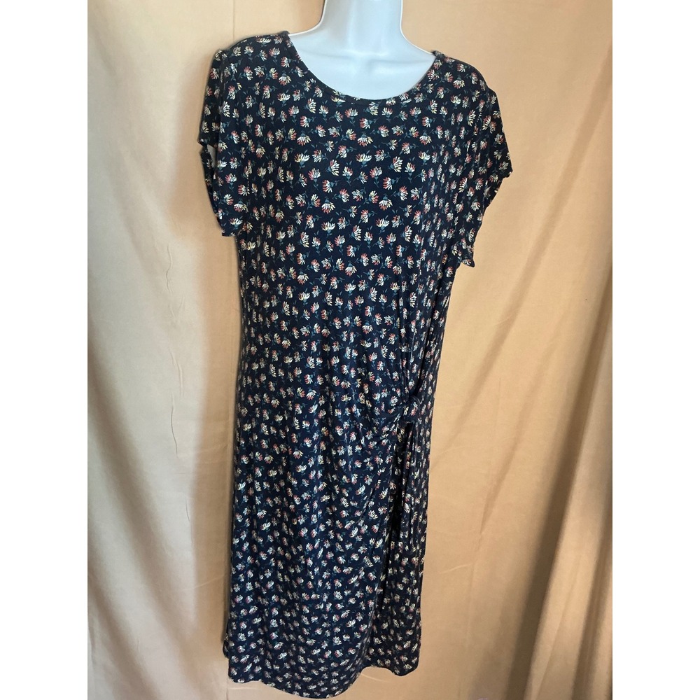 LOFT Sheath Dress Womens XL Navy Blue Excellent Floral Side Knot Short Sleeve